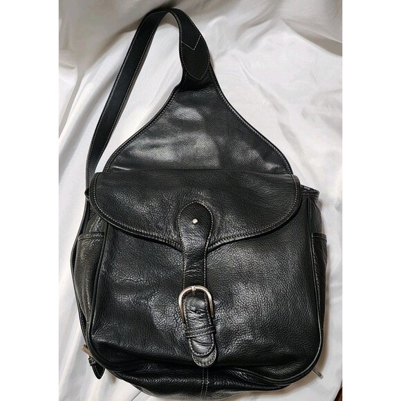 Levenger Black Leather Backpack Day One Shoulder Bag Sling Swing Pack Saddle Bag - Picture 3 of 16